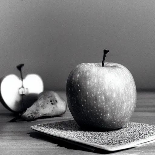 Prompt: A pinhole-styled photograph of a surrealist scene of an apple in a room with some strange objects scattered around, shallow depth of field, wide-angle lens