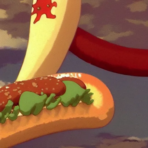 Prompt: a chameleon atop a hot dog, Makoto Shinkai, Studio Ghibli