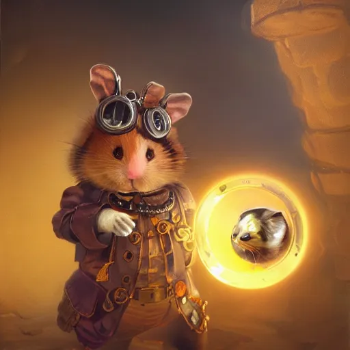 Image similar to oil painting of anthropomorphized hamster holding shiny gem, steampunk clothes, close shot, full body, dark steampunk mine shaft background, sharp focus, fantasy style, octane render, volumetric lighting, 8k high definition, by greg rutkowski, highly detailed, trending on art Station, dungeons and dragons artwork, centered