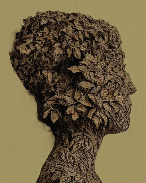 Prompt: a woman's face in profile, covered in intricate decorative ivy, in the style of the dutch masters and gregory crewdson, dark and moody