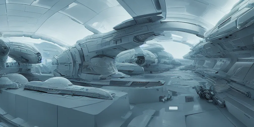 Prompt: one thousand aligned cryogenic pods in rows, spaceship interior, symmetrical, sci-fi, 4k, wide shot, matte painting, Sergey Kolesov, Tristan Eaton, James Gurney, greg rutkowski