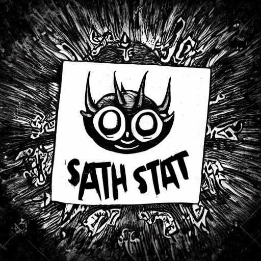 Image similar to cute little satan drawing with big eyes black and white, ink pen, metal music grindcore album cover style, handwriting, metal band name typography