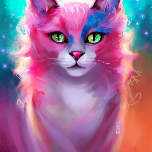 Image similar to colorful and festive cat with pink hair,. rich vivid colors, ambient lighting, dynamic lighting, 4 k, atmospheric lighting, painted, intricate, highly detailed by charlie bowater