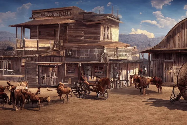 Image similar to ! dream photorealistic wild west town, cinematic