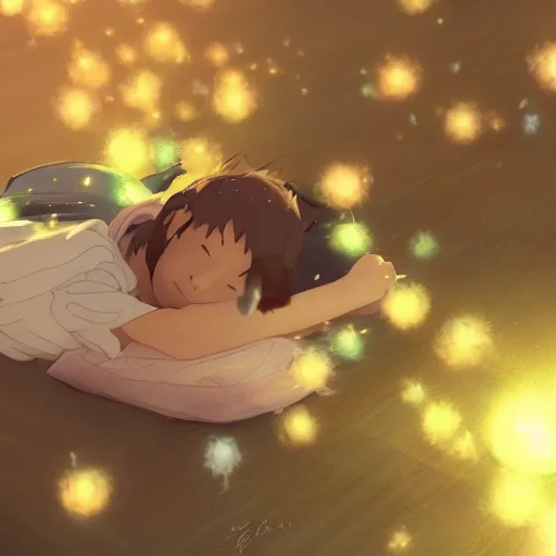 Image similar to several tiny fairies shown as balls of light clustered around the sleeping body of a young boy. By Makoto shinkai. WLOP. Masterpiece.