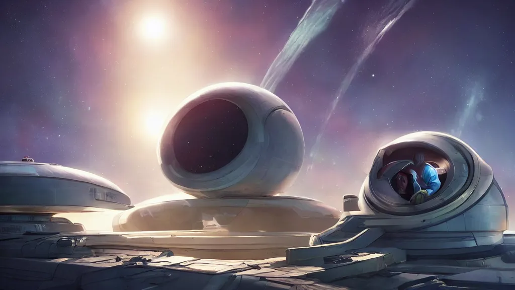 Prompt: a man wakes up in a space pod alone next to a spaceship so large it carries a planet beneath it, by yuumei, bayard wu, wlop, tim white, ross tran, 4 k