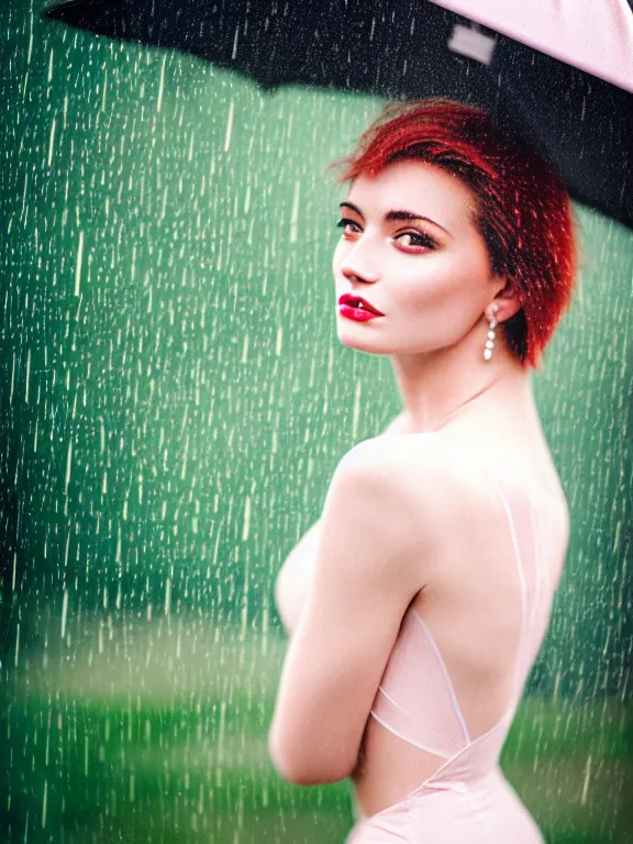 Image similar to kodak ektar 1 0 0 photo of a beautiful woman, lucy rosiek style 3 / 4, surrounded by rain in style of valeria lobbia, 1 5 0 mm lens, f 1. 2, elegant, highly detailed, sharp focus, head in focus, soft blur background, matt dreamy colours, volumetric lighting, hyper realistic