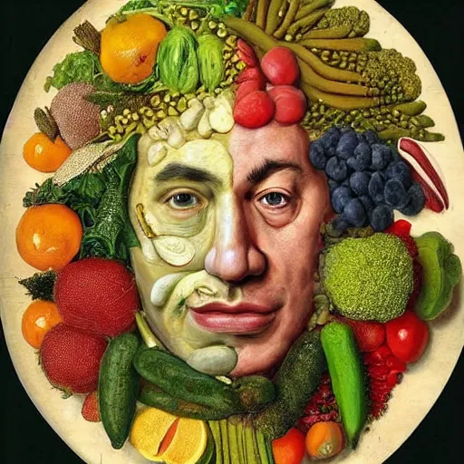 Image similar to portrait of benjamin netanyahu face made of vegetables fruits flowers, by giuseppe arcimboldo