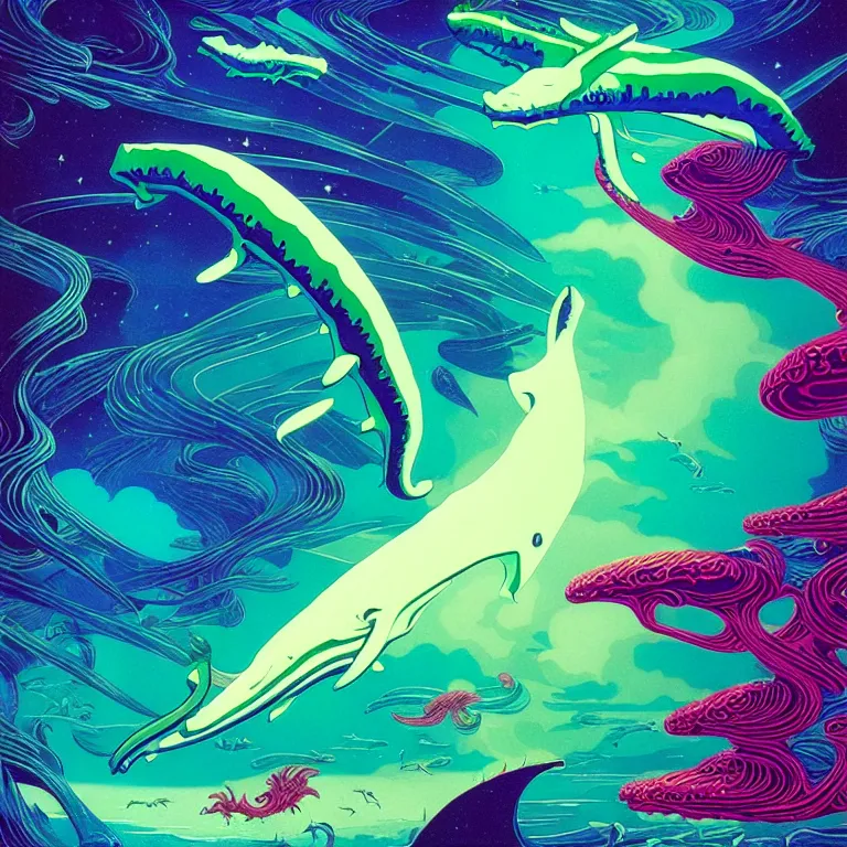 Prompt: interstellar aquatic whales, infinite fractal dimensional portal, bright neon colors, highly detailed, cinematic, eyvind earle, tim white, philippe druillet, roger dean, lisa frank, aubrey beardsley