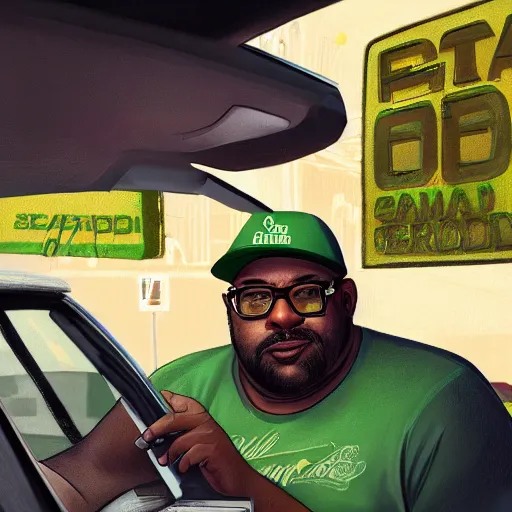 Image similar to hyper detailed digital painting of fat big smoke from gta : san andreas wearing a green fedora and green shirt in a car ordering food at a drive - thru, exaggerated expression, sunlight rays peering through, trending on artstation, intricate, smooth, sharp focus, beautiful shadows and lighting, studio quality, octane render, 8 k