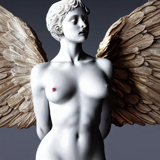 Image similar to a statue made of white marble with gold veins, of an beautiful gorgeous angel girl with huge wings, full body shot, perfect symmetrical body, perfect symmetrical face, no eyes, hyper realistic, hyper detailed, fujicolor superia 1 6 0 0 photo, by peter kemp, by monia merlo, by michelangelo octane render, blender, 8 k