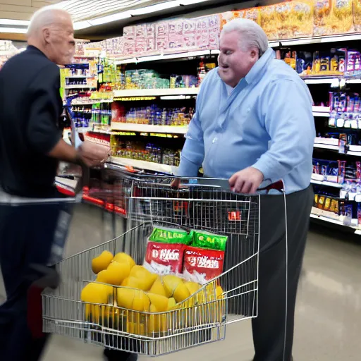 Image similar to Joe Biden punching a fat man at the supermarket, 8K, high quality, highly detailed