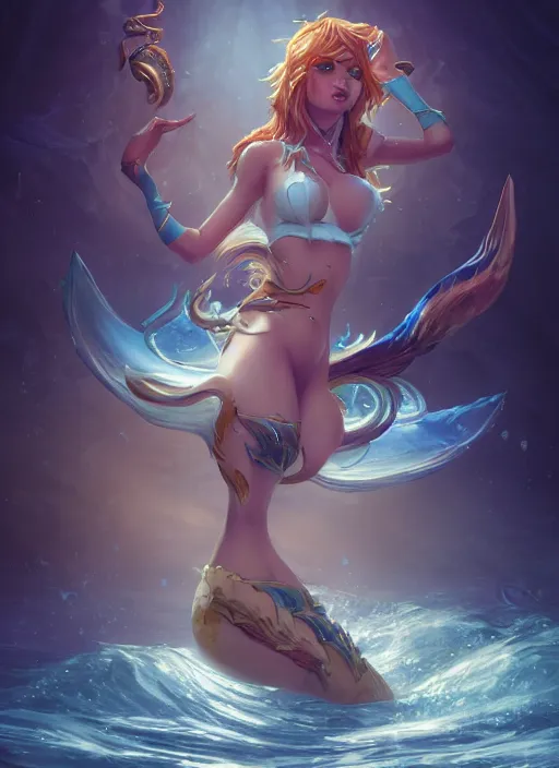 Image similar to nami the siren, from league of legends, au naturel, underwater, hyper detailed, digital art, trending in artstation, cinematic lighting, studio quality, smooth render, unreal engine 5 rendered, octane rendered, art style by klimt and nixeu and ian sprigger and wlop and krenz cushart