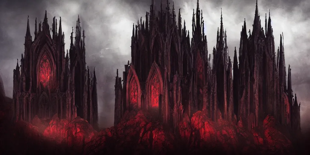 Prompt: dark gothic cathedral, gothic architecture, at the top of a red rock canyon, artstation concept art, beautiful matte painting