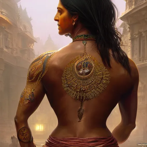 Prompt: painting of dark muscular oiled indian woman back, ultra realistic, concept art, intricate details, eerie, highly detailed, photorealistic, octane render, 8 k, unreal engine. art by artgerm and greg rutkowski and alphonse mucha