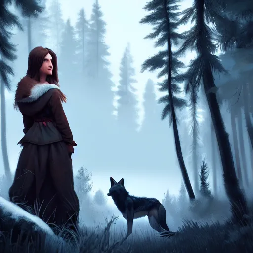 Image similar to a pretty girl surrounded by wolves, in the woods, digital painting, photorealistic, in the style of greg rutkowski, full body, detailed face, sharp, unreal engine 5