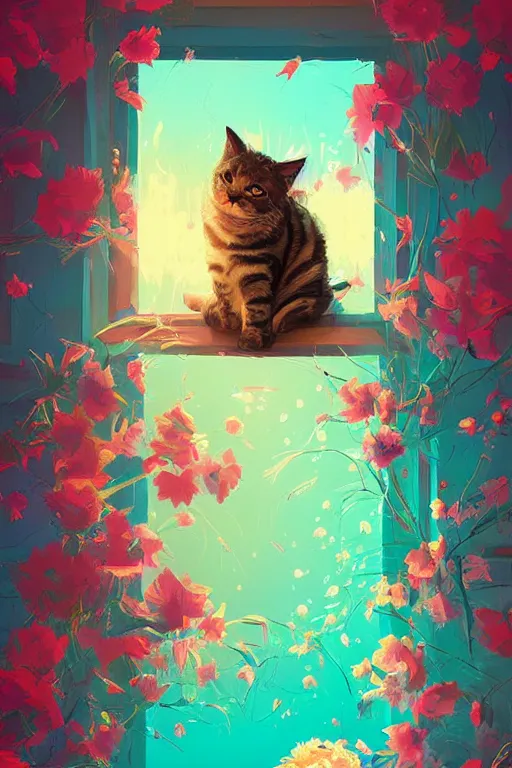 Image similar to a digital art of a cat sleeping in the room with flowers around in the afternoon, the sun shines in, animal, light effect, highly detailed, by anton fadeev