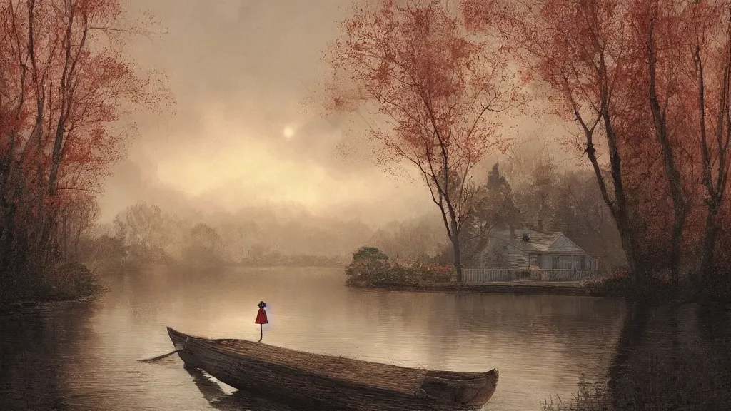 Image similar to small red wooden cottage by the lake, lanterns in the front of the cottage, smoke coming out of the chimney, dusk, birch trees, tranquility, two swans swimming in the lake, a rowing boat, by Greg Rutkowski, by Charlie Bowater