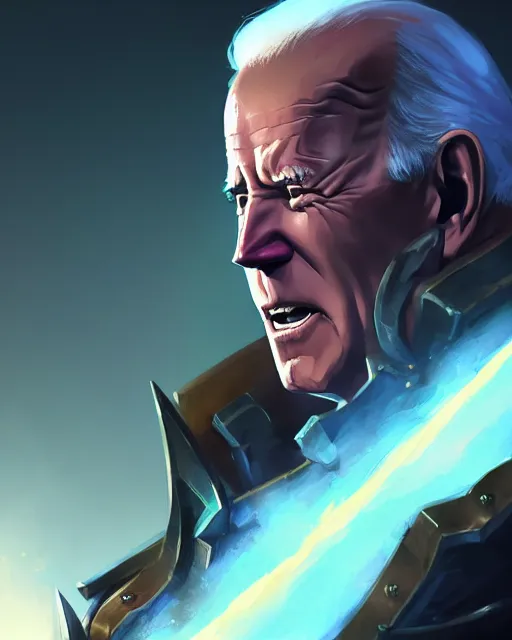 Image similar to joe biden as a league of legends champion, medium shot close up, details, sharp focus, illustration, by jordan grimmer and greg rutkowski, trending artstation, digital art