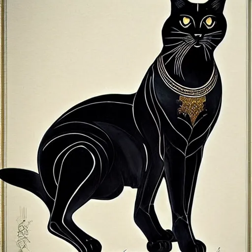 Image similar to beautiful, gorgeous art nouveau painting of a black egyptian cat, impressive, wonderful, very detailed, perfect anatomy, symmetrical, trending on artstation, masterpiece