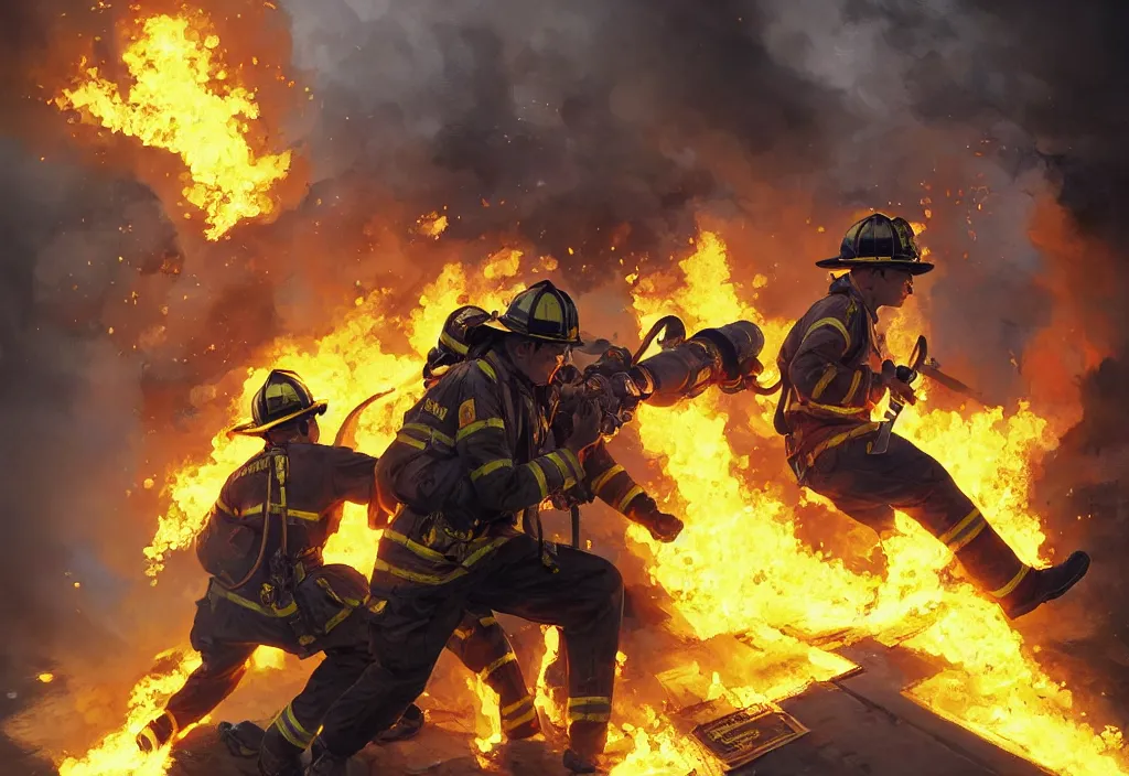 Image similar to heroic firefighter in action in black and yellow uniform, fire flames, sharp details, sharp focus, elegant, highly detailed, illustration, by jordan grimmer and greg rutkowski and 薯 子 imoko and wlop and maya takamura, intricate, art gta 5 cover