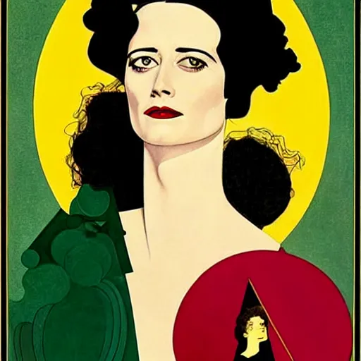 Image similar to Eva Green, Art by Coles Phillips, Gilded outfit, Jet black hair, Green eyes, Portrait of the actress, Elsa Lanchester as Morpheus, geometric art, poster, no text, Mucha, Kandinsky, carbon blac and antique gold