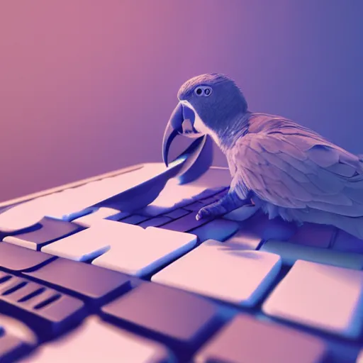 Image similar to “parrot using its beak to type on a keyboard, hd, volumetric lighting, photorealistic, octane render, photo, trending on artstation, flickr”