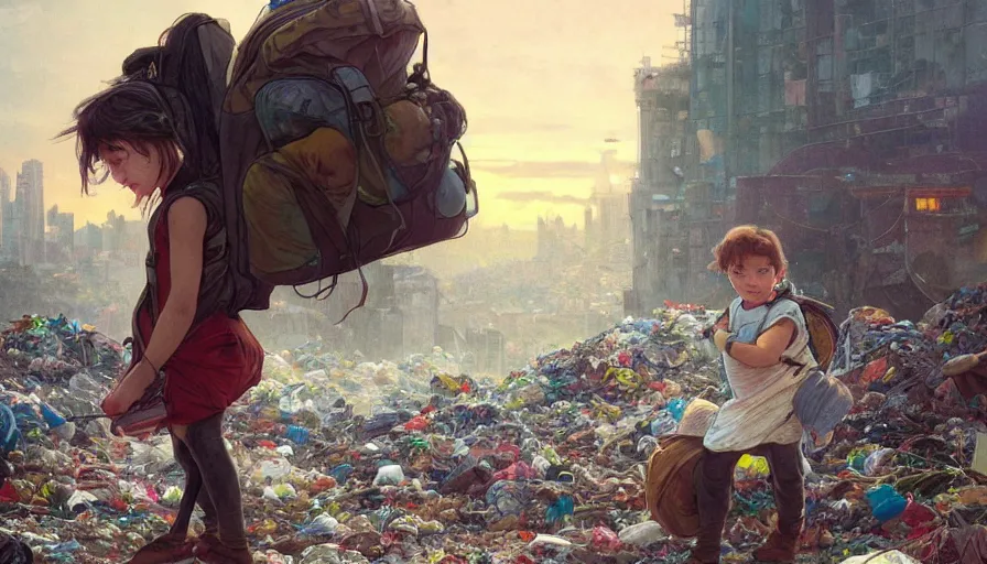 Image similar to poor detailed child with backpack looking for food at garbage dump, city is pure wasteland, sunset in background, detailed characters, alphonse mucha, greg rutkowski, trending on artstation, artgerm, breathtaking, sharp focus, smooth, mark arian, award winning, highly detailed 4 k art