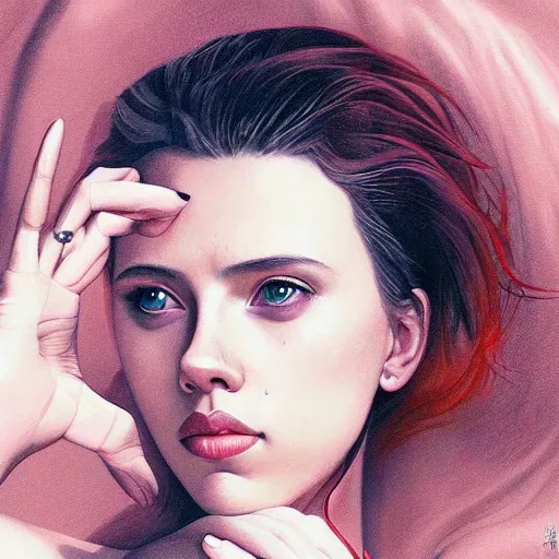 Prompt: a beautiful scenic painting of a beautiful young woman that looks like scarlett johansson by artgerm and wlop and wes anderson and spike jonze