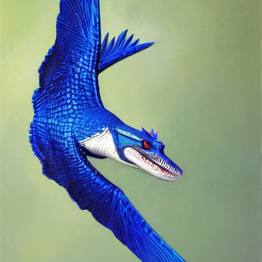 Image similar to a detailed close - up oil painting profile of a crocodile blue jay hybrid with open jaws, flying, intricate, trending on artstation, well - lit, by michael whelan, james gurney, and donato giancola - w 7 0 0