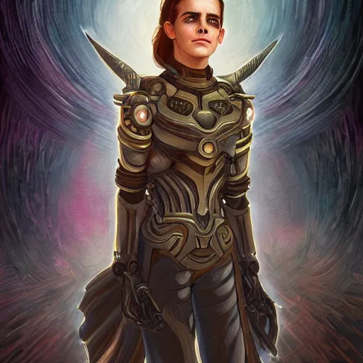 Prompt: A cyborg Emma Watson as the ultimate tyrant emperor of the universe. Trending on ArtStation. A vibrant digital oil painting. A highly detailed fantasy character illustration by Wayne Reynolds and Charles Monet and Gustave Dore and Carl Critchlow and Bram Sels