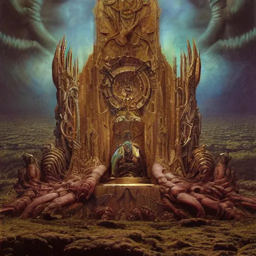 Image similar to the throne of wisdom | highly detailed matte painting, hyperrealistic, very intrincate | cinematic lighting, award - winning | by rachel ruysch, giger, beksinski and bocklin | by austin osman spare and william blake, trending on artstation, cgsociety, official art, octane.