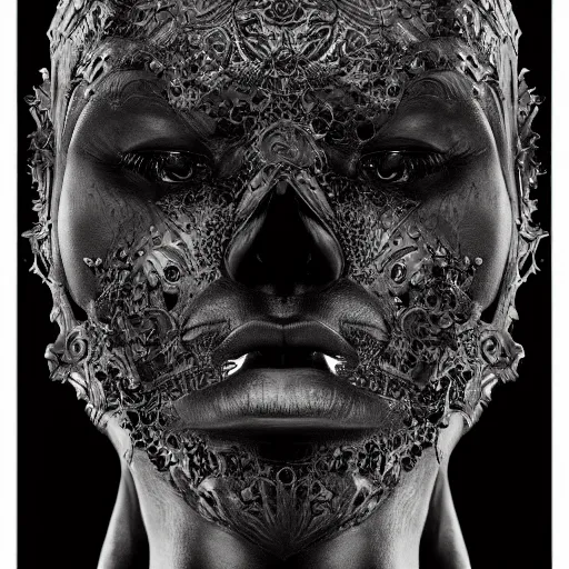 Image similar to a face made of black stone blending into a black background. gothic baroque. expressive eyes. symmetry. epic. ominous shapes. hyper detailed. lighting from the bottom, sharp shadows. photoreal. trending on artstation