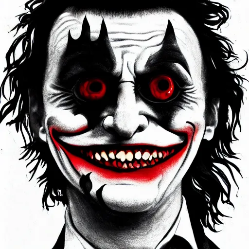 Image similar to joker, smiling, unnatural grin, horror, creepy, smoke, black, dark, glow