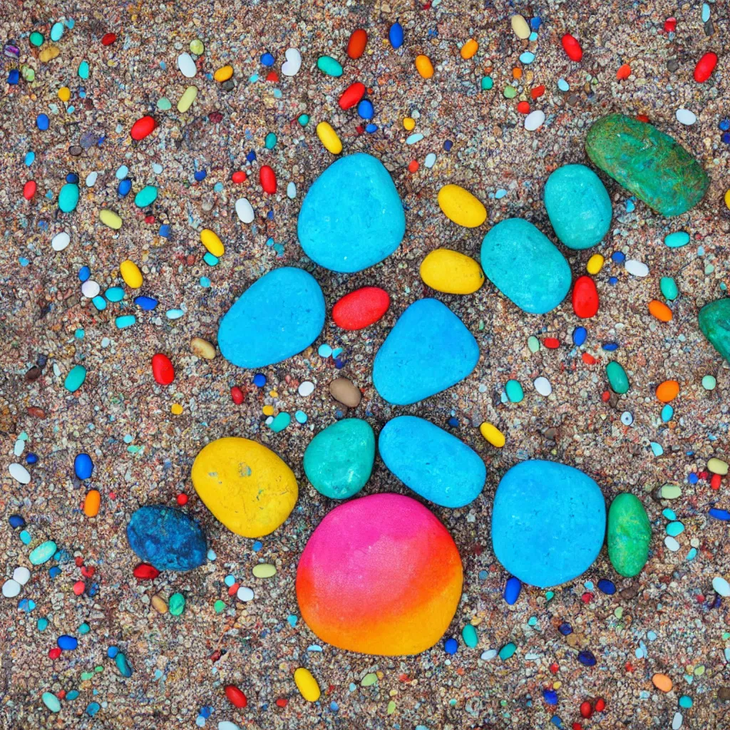 Image similar to rainbow rocks outdoor sculpture, desert with pills of bright blue water, birds eye view