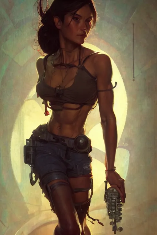 Image similar to full body portrait, thin muscular cyberpunk woman, 6 pack ab, symmetrical beautiful face by stanley artgerm lau, greg rutkowski, thomas kindkade, alphonse mucha, loish, norman rockwell ross tran