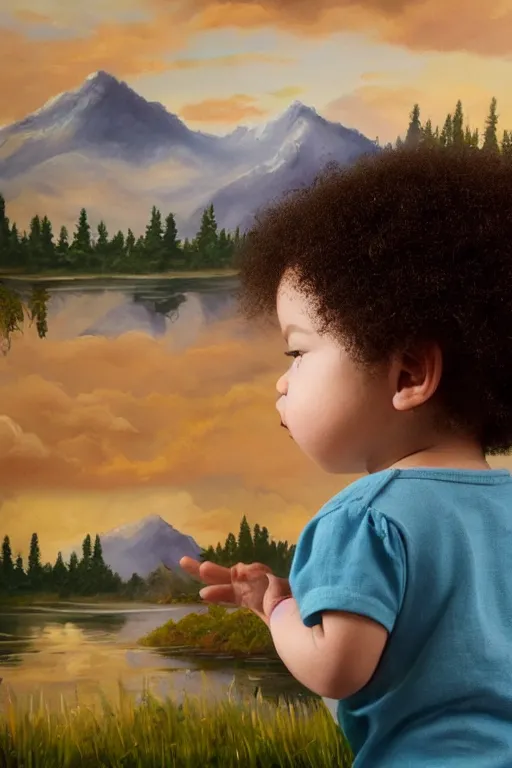 Image similar to a baby version of bob ross, in front of a finger painted mural on a wall, dramatic lighting, cinematic, establishing shot, extremely high detail, foto realistic, cinematic lighting, post processed, concept art, high details, cinematic, 8k resolution, beautiful detailed, photorealistic, digital painting, artstation, concept art, smooth, sharp focus, artstation trending, octane render, unreal engine