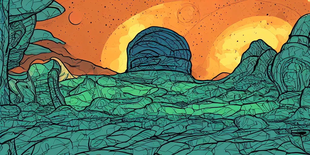 Prompt: cell shaded, flat color, alien landscape, 7 8 9 6 2 9 3 7 8