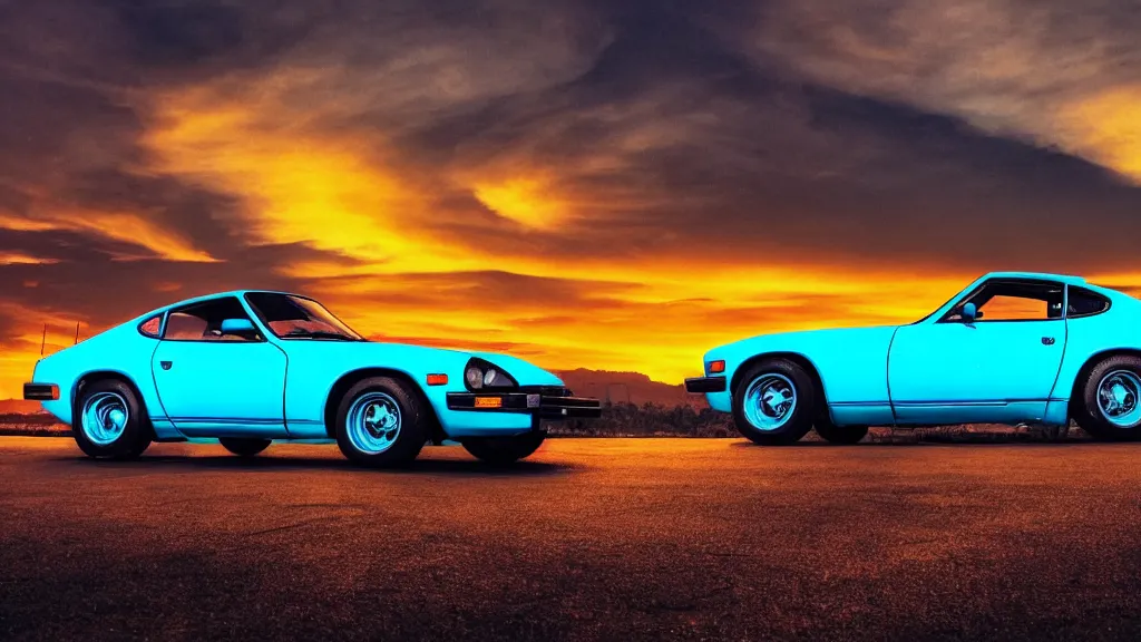 Image similar to neon synthwave 1 9 7 5 datsun 2 6 0 z at sunset, 8 k. filling of the view