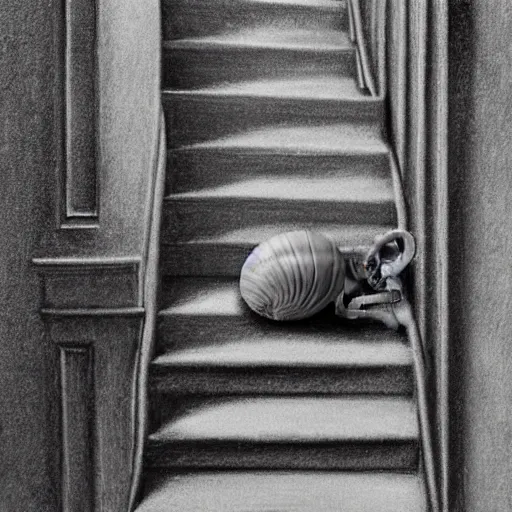 Prompt: snails on the stairs in style of vilhelm hammershoi