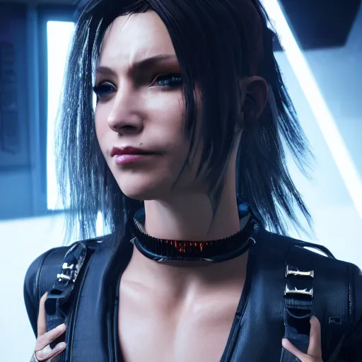 Image similar to female V from Cyberpunk 2077 wearing spiked black choker, steel collar, steel choker, punk, steel collar, 4K, realistic, spiked collar, art, beautiful, hd