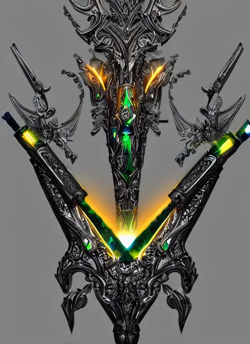 Prompt: legendary glowing sword of cybernetic technology, intricate, sharp black and iridescent blade, ornate gothic baroque spikes coming out, colorful hilt, vivid detailed realistic, ray tracing, colored gems, golden pommel, artstation, deviantart