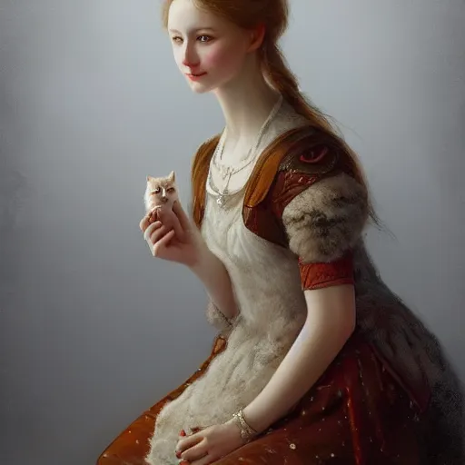 Image similar to portrait of a russian princess in her catsle holding a cat in her hand, in the style of charles sillem lidderdale, in the style of greg rutkowski, artstation, high quality art, super detail