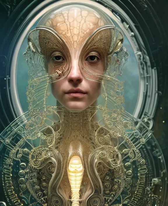 Image similar to intricate ornate opulent transparent clear see - through portrait of a cybernetic beautiful alien nautilus, mottled coloring, adorable, childlike, pastoral environment, ultra realistic, concept art, art nouveau, photorealistic, octane render, 8 k, unreal engine. art by christopher marley and artgerm and greg rutkowski and alphonse mucha