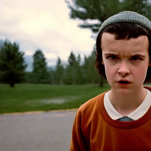 Image similar to A still of Eleven from Stranger Things giving the Kurbick stare in The Shining (1980)