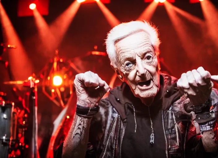 Image similar to publicity photo still of bob barker in a death metal band playing live on stage, 8 k, live concert lighting, mid shot