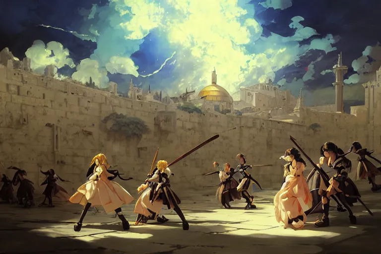 Image similar to baroque oil painting of key visual environment concept art of anime maids fighting a crusade in jerusalem, brutalist, dark fantasy, rule of thirds golden ratio, fake detail, trending pixiv fanbox, acrylic palette knife, style of makoto shinkai studio ghibli genshin impact jamie wyeth james gilleard greg rutkowski chiho aoshima