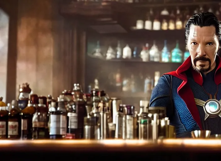 Image similar to film still of singular Doctor Strange working as a bartender in the new Avengers movie, 4k