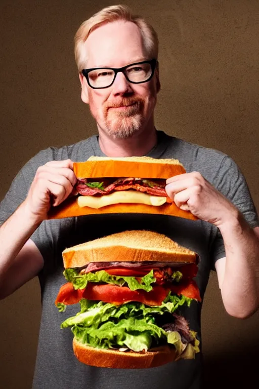 Image similar to 📷 portrait of adam savage the sandwich, made of food, still image, dynamic lighting, 4 k