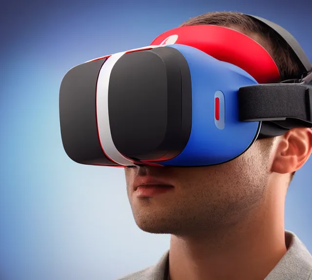 Image similar to a 4 k photorealistic photo product photo of a nintendo red and blue vr headset.